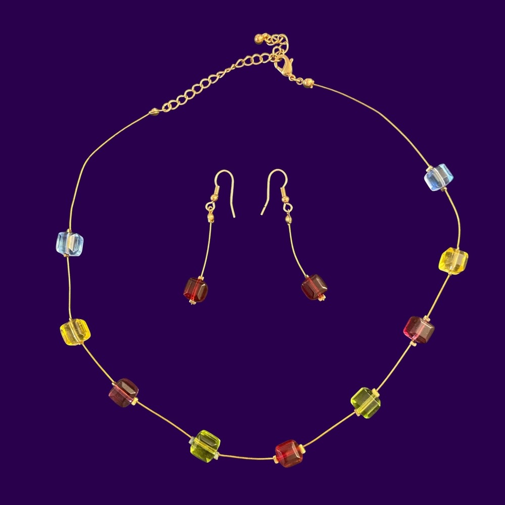 !!SOLD!! Murano Glass Jewelry Set Necklace Earrings Multi Color Cube Beads